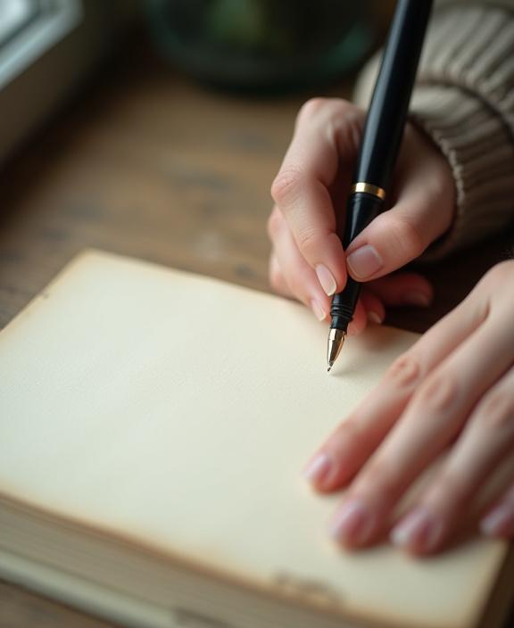 A person in a calm state, holding a calligraphy pen over a blank page.