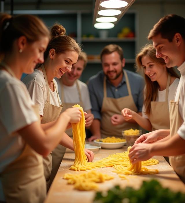 Un gruppo di persone sorridenti durante un corso di cucina, intente a preparare pasta fresca.